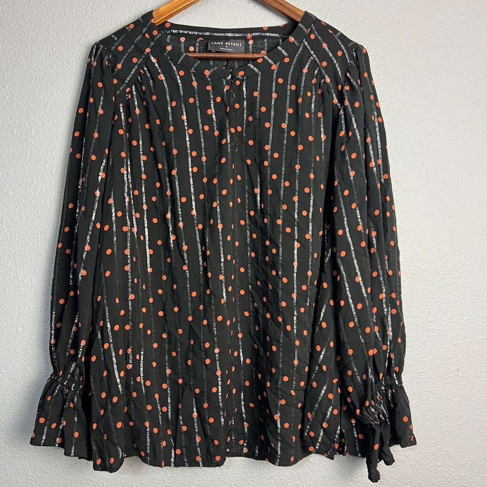 Lane Bryant Blouse Top Polka Dot Stripe Shimmer Long SL Ruffle Cuff Plus Size 20